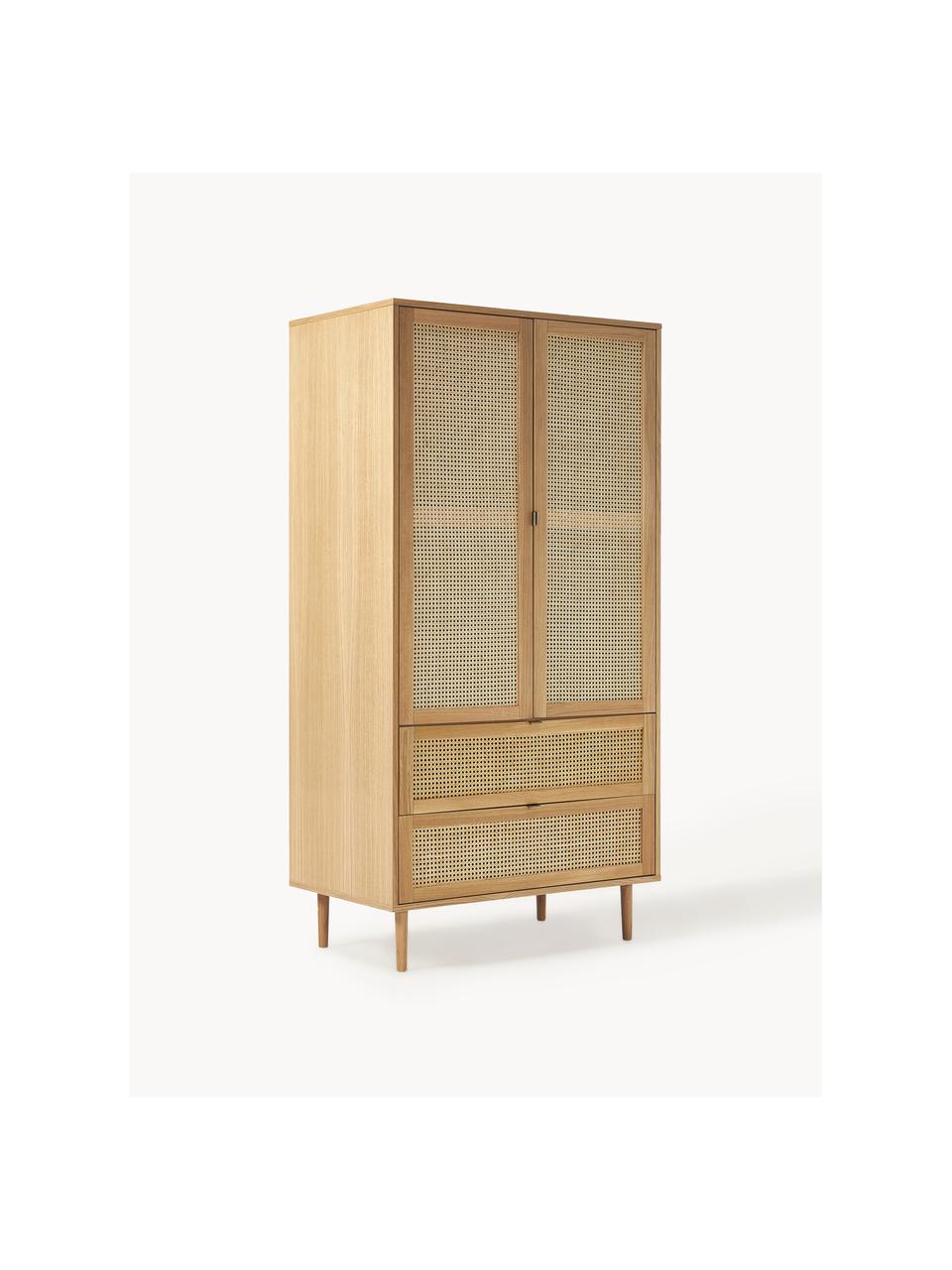 Armario pequeño con tejido vienés Aries, 2 puertas, Estructura: aglomerado con chapa de m, Patas: madera de roble, Madera de roble barnizado claro, An 100 x Al 194 cm