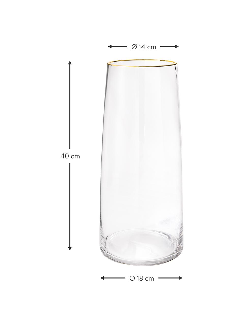 Grote mondgeblazen glazen vaas Myla met goudkleurige rand, Glas, Transparant, Ø 18 x H 40 cm