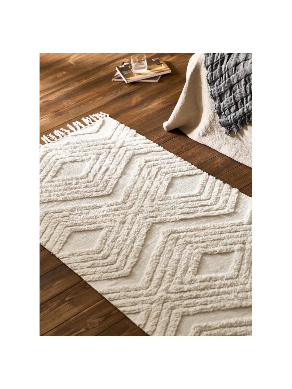 Tapis de couloir en coton tissé main Ziggy, 100 % coton, Blanc crème, larg. 80 x long. 200 cm