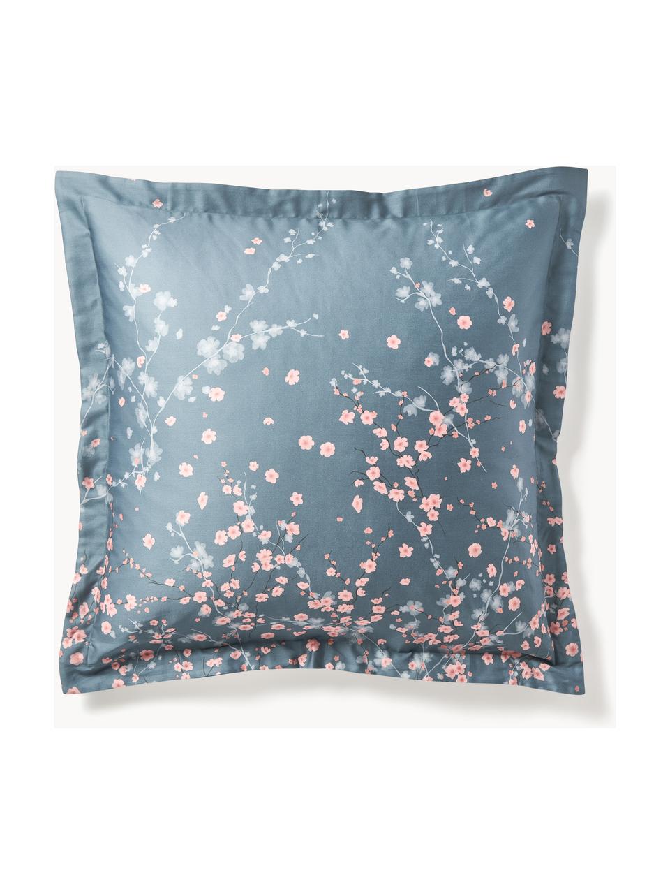 Taie d'oreiller en satin de coton à motif floral Sakura, Bleu, rose pâle, blanc, larg. 50 x long. 70 cm