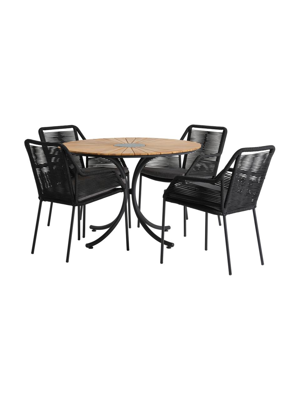 Set de muebles para exterior Elba, 5 pzas., Tablero: teca, Estructura: metal recubierto, Tapizado: 100% poliéster, Estructura: metal recubierto, Negro, madera de teca, Set de diferentes tamaños