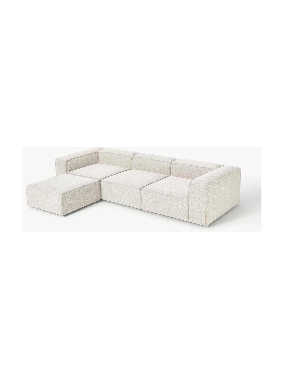 Sofa modułowa bouclé z pufem Lennon (4-osobowa), Tapicerka: bouclé (100% poliester) D, Stelaż: lite drewno sosnowe z cer, Nogi: tworzywo sztuczne, Bouclé w odcieniu złamanej bieli, S 327 x W 207 cm