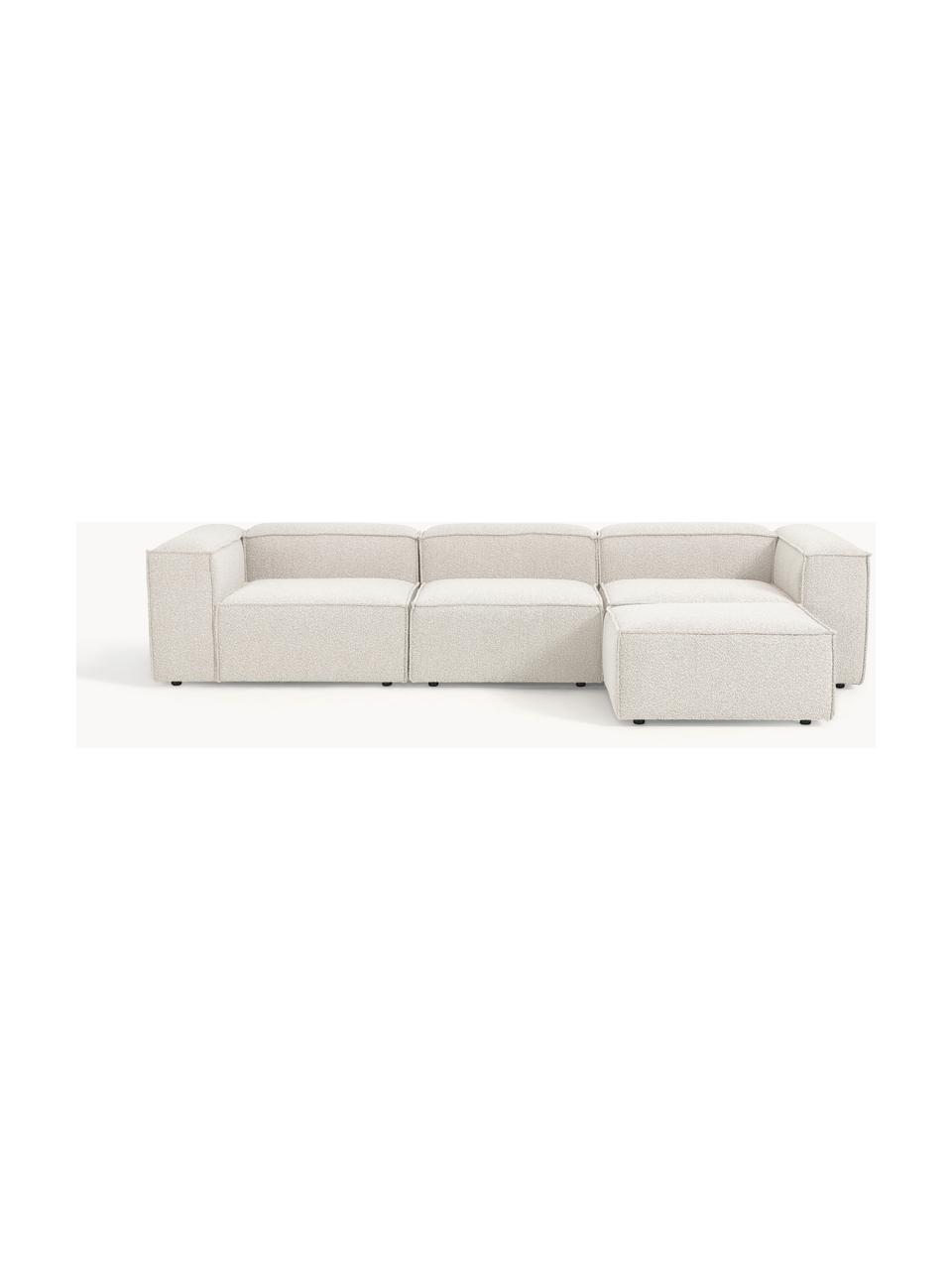 Modulares Sofa Lennon (4-Sitzer) aus Bouclé mit Hocker (links/rechts), Bezug: Bouclé (100 % Polyester) , Gestell: Massives Kiefernholz, Spe, Füße: Kunststoff Dieses Produkt, Bouclé Off White, B 329 x T 207 cm