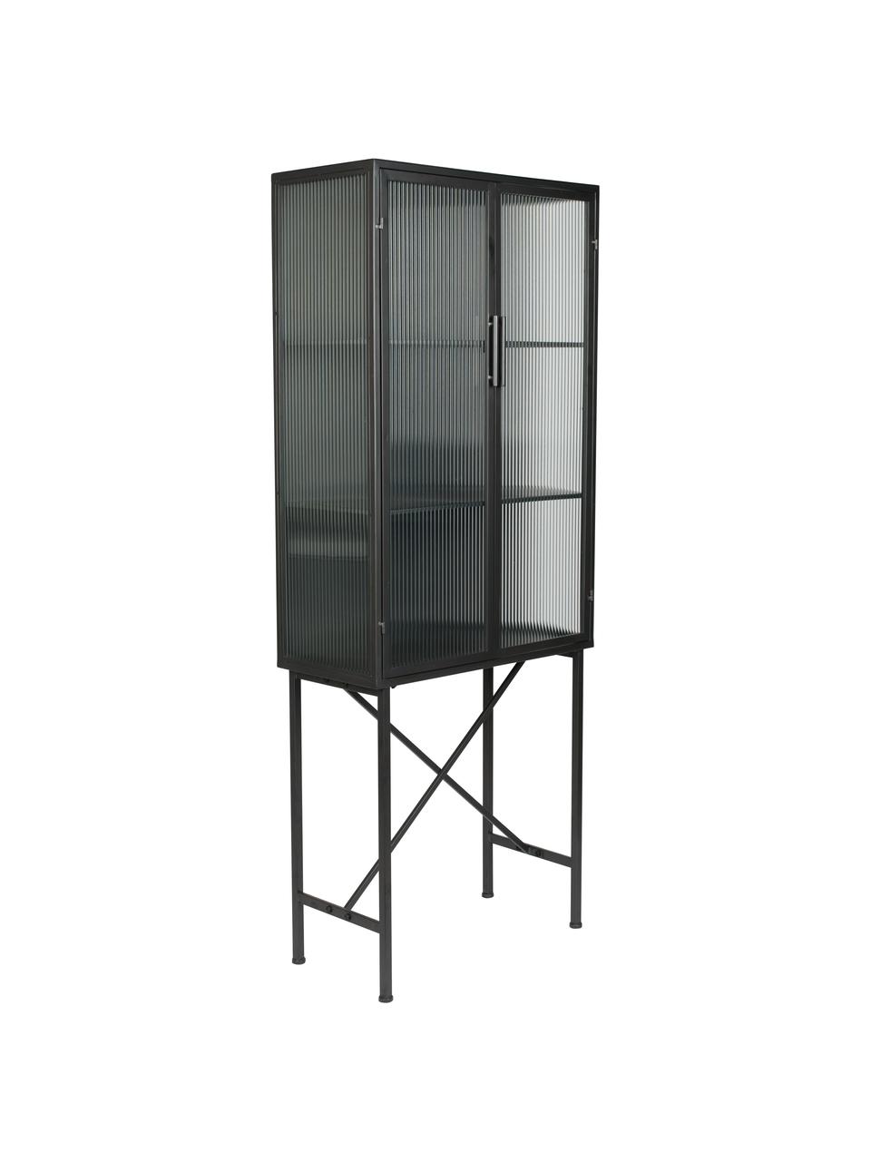 Zwarte vitrinekast Boli met gegroefd glas en metalen frame, Frame: gecoat metaal, Zwart, semi-transparant, B 70 cm x H 178 cm