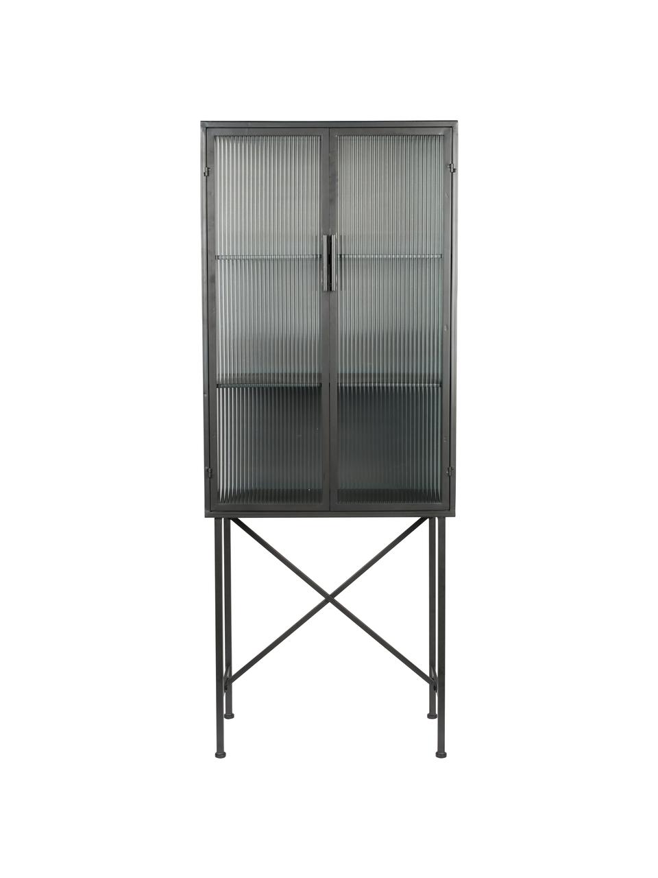Zwarte vitrinekast Boli met gegroefd glas en metalen frame, Frame: gecoat metaal, Zwart, semi-transparant, B 70 cm x H 178 cm