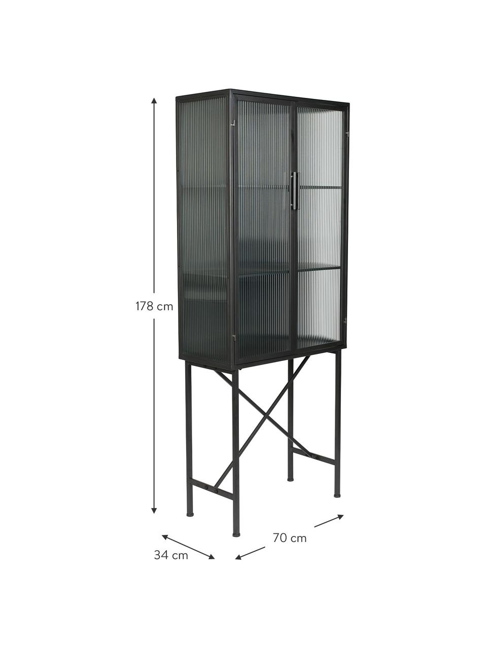 Zwarte vitrinekast Boli met gegroefd glas en metalen frame, Frame: gecoat metaal, Zwart, semi-transparant, B 70 cm x H 178 cm