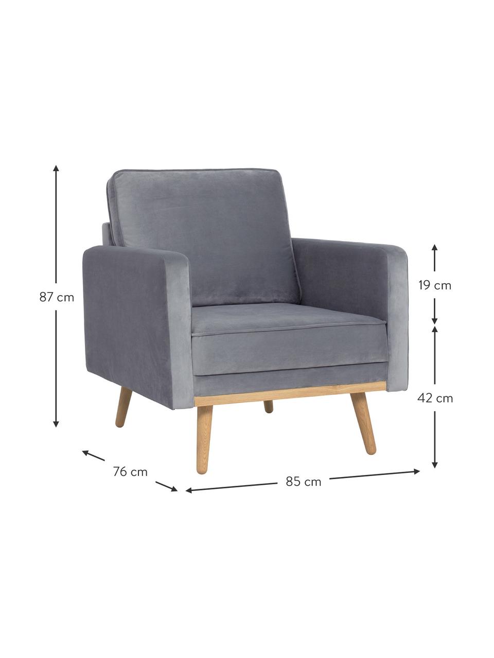 Fluwelen fauteuil Saint in grijs met eikenhouten poten, Bekleding: fluweel (polyester), Frame: massief eikenhout, spaanp, Fluweel grijs, B 85 x D 76 cm
