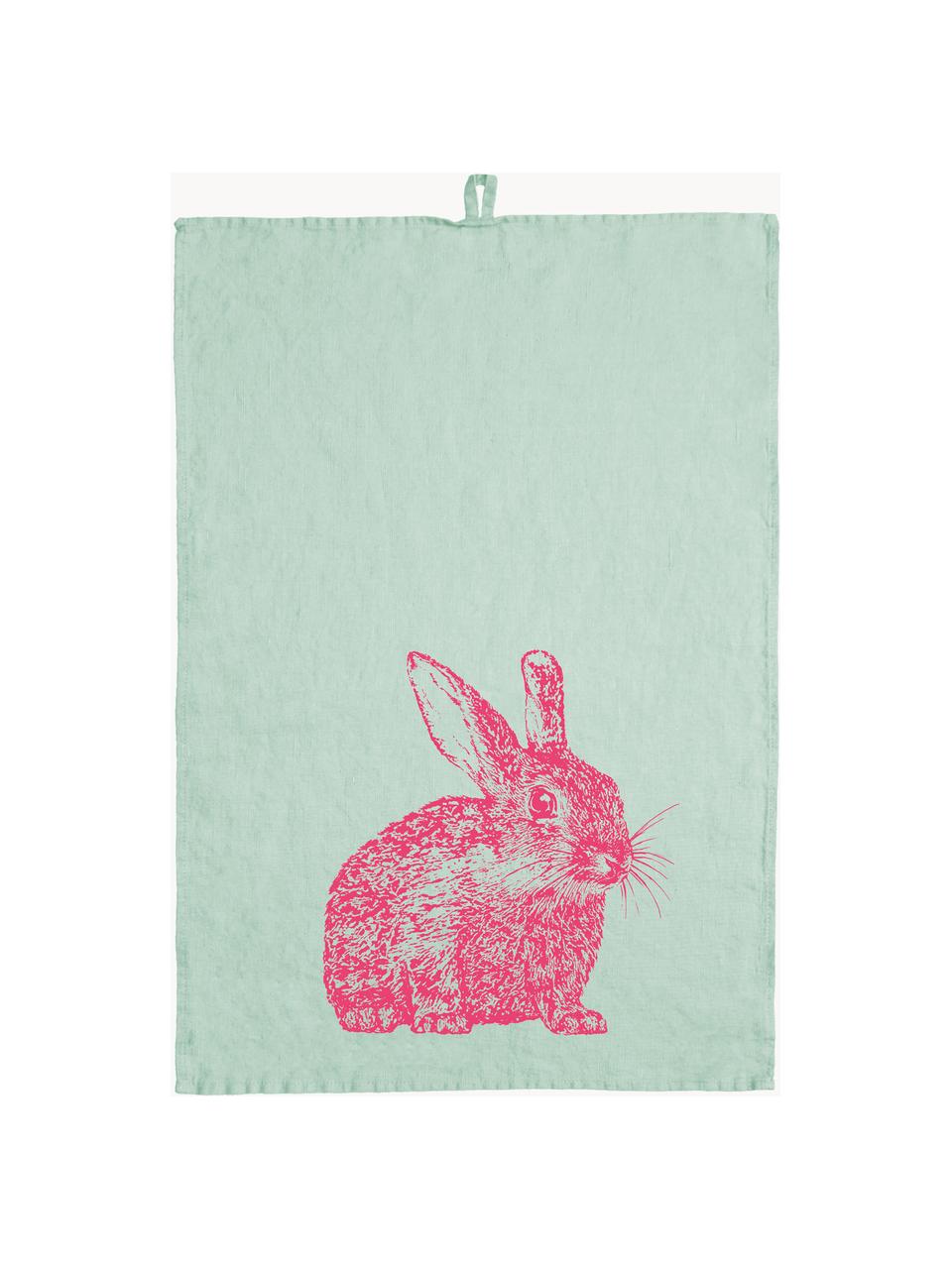 Leinen-Geschirrtuch Wild Rabbit, handbedruckt, 100 % Leinen, Mintgrün, Pink, B 50 x L 70 cm