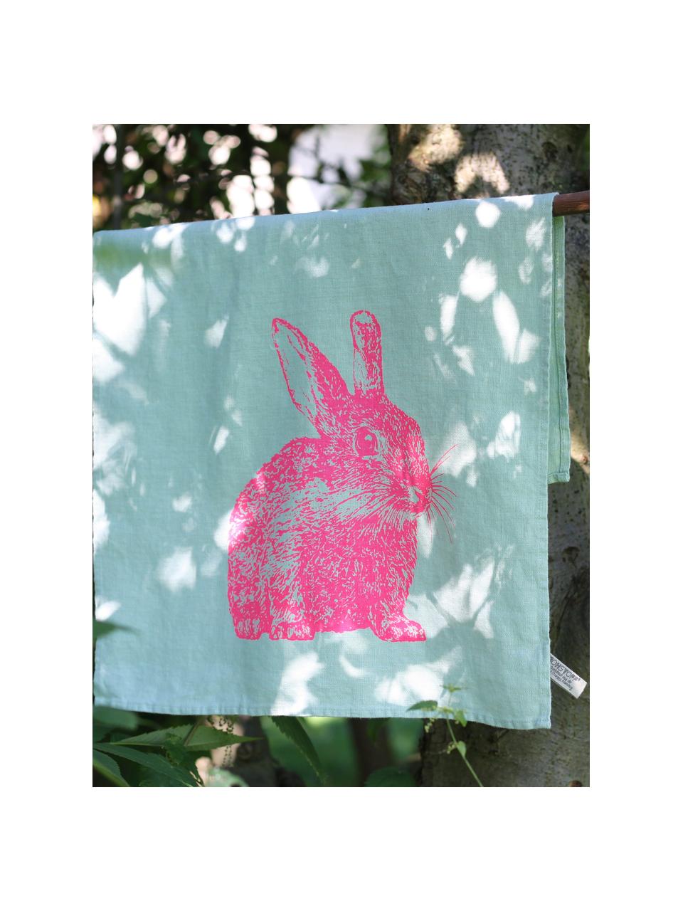 Panno in lino Wild Rabbit, serigrafato a mano, 100% lino, Verde menta, fucsia, Larg. 50 x Lung. 70 cm