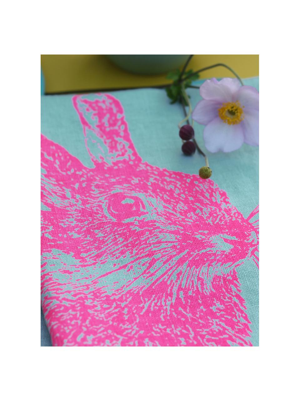 Panno in lino Wild Rabbit, serigrafato a mano, 100% lino, Verde menta, fucsia, Larg. 50 x Lung. 70 cm