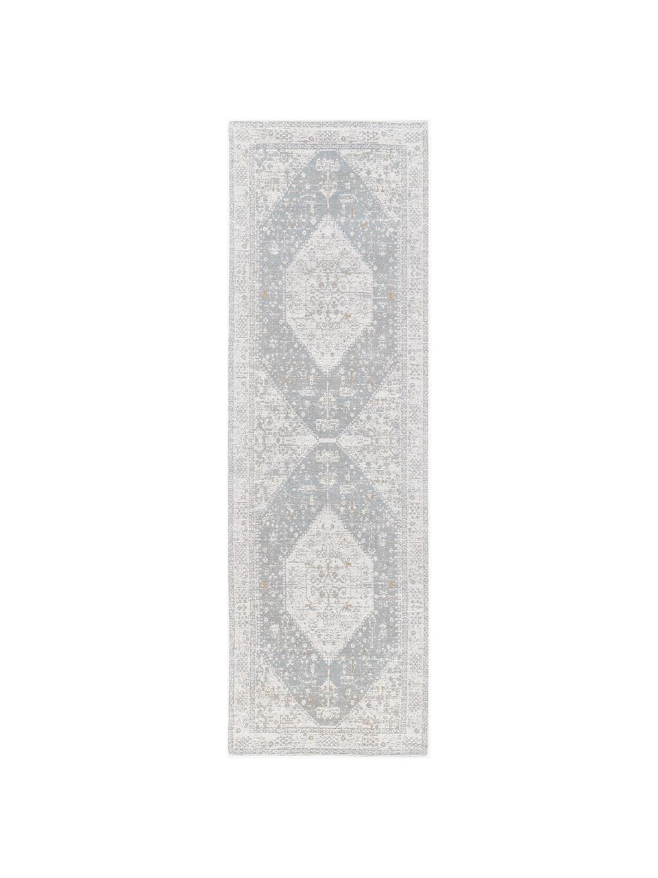 Tapis de couloir chenille tissé main Naples, Gris-bleu, blanc crème, larg. 80 x long. 300 cm