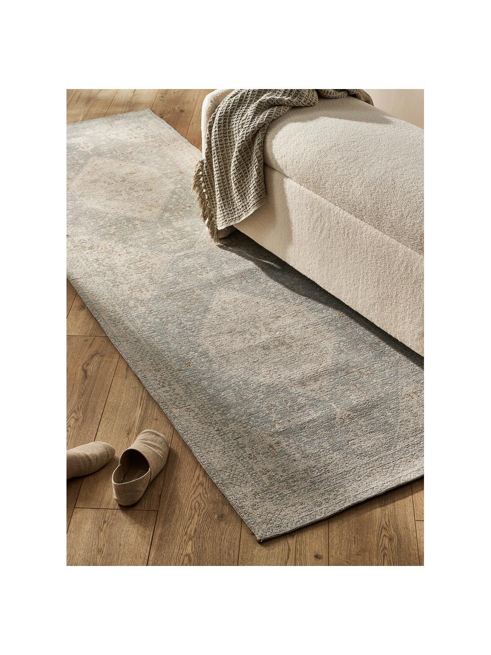 Tapis de couloir chenille tissé main Naples, Gris-bleu, blanc crème, larg. 80 x long. 300 cm