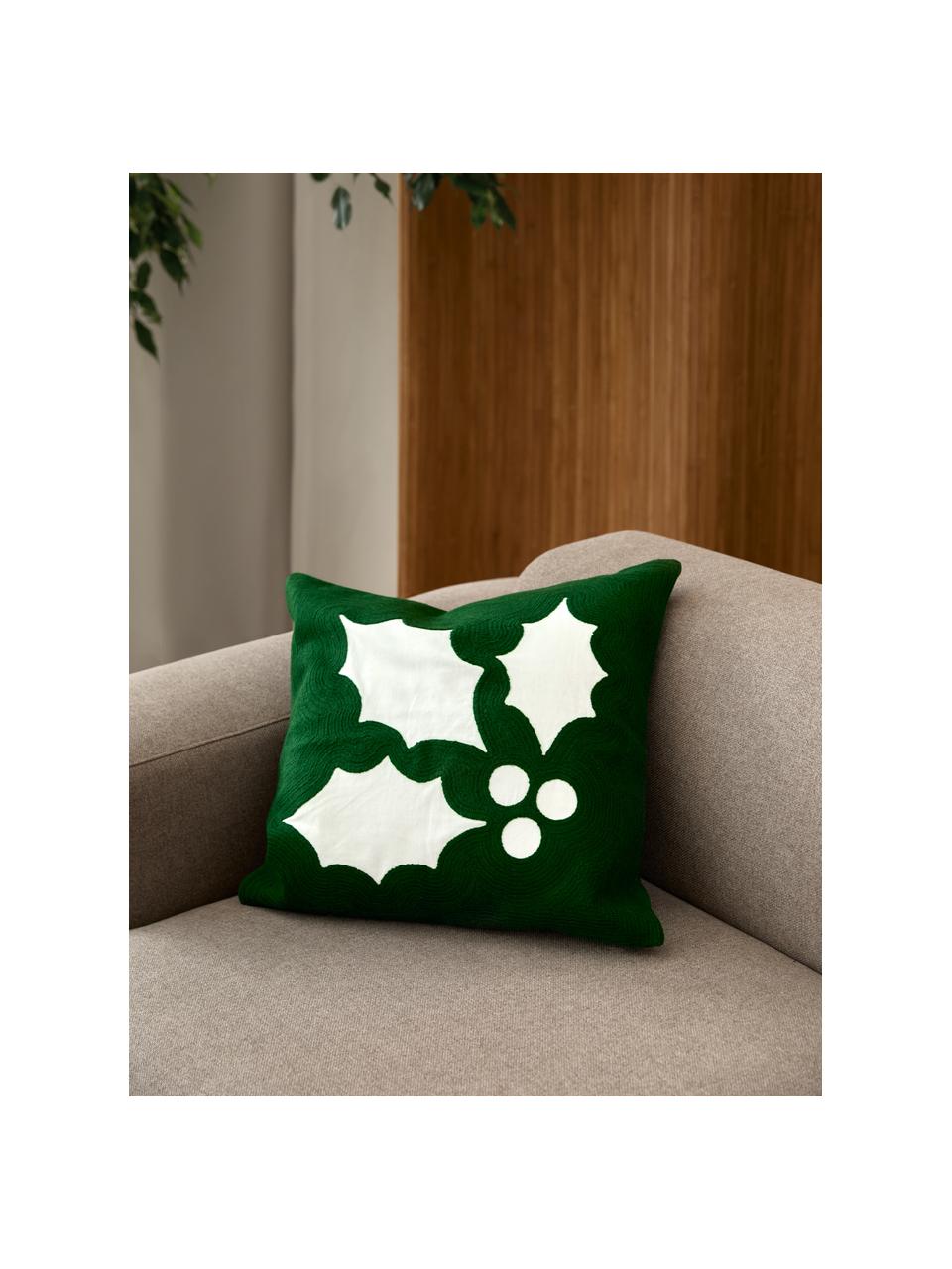 Housse de coussin brodée avec motif houx Elysia, Vert foncé, blanc, larg. 50 x long. 50 cm