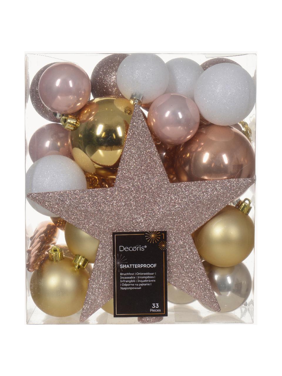 Set de bolas de Navidad Starstruck, 33 uds., Plástico, Blanco, dorado, bronceado, rosa, Set de diferentes tamaños