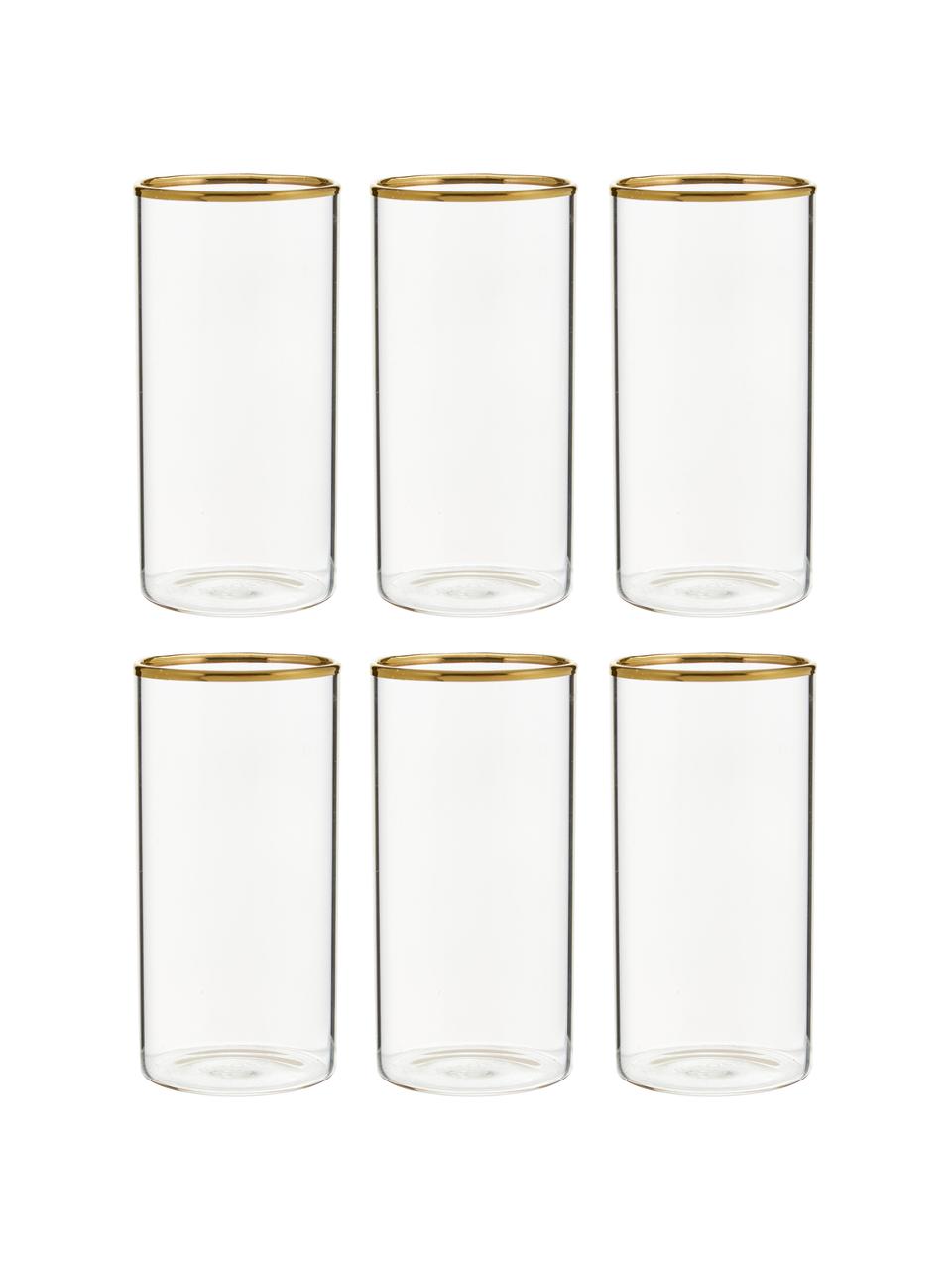 Wassergläser Boro aus Borosilikatglas mit goldfarbenem Rand, 6 Stück , Borosilikatglas, Transparent, Goldfarben, Ø 6 x H 12 cm
