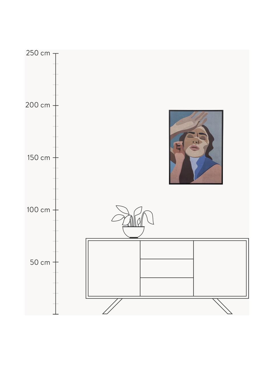 Gerahmter Digitaldruck Lady, Rahmen: Kiefernholz, lackiert, Bild: Digitaldruck auf Papier, Front: Glas, Beige- und Blautöne, B 52 x H 72 cm