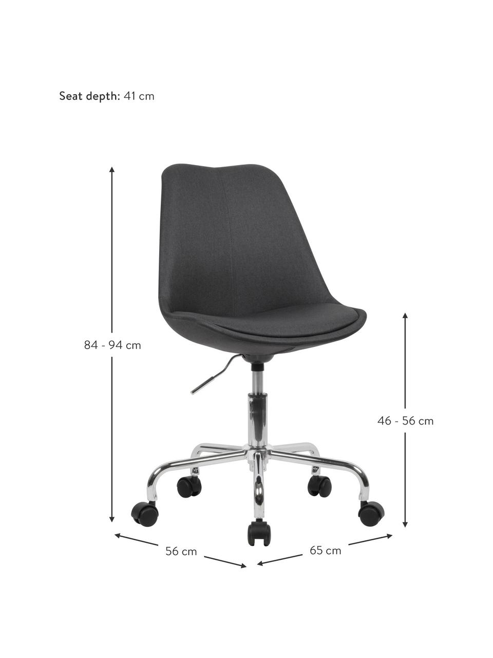 Sedia da ufficio girevole Lenka, Rivestimento: poliestere, Struttura: metallo cromato, Tessuto antracite, Larg. 65 x Prof. 56 cm