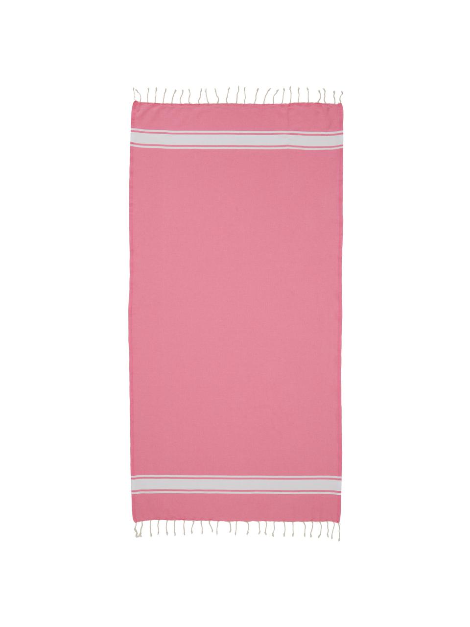 Telo fuota a righe con frange St Tropez, 100% cotone, Rosa, bianco, Larg. 100 x Lung. 200 cm