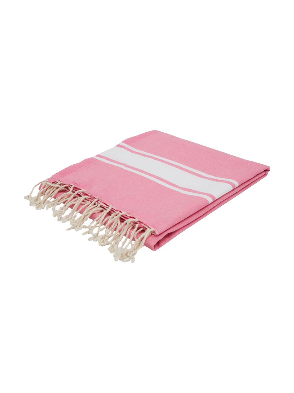 Fouta s proužky a třásněmi St Tropez, 100 % bavlna, Růžová, bílá, Š 100 cm, D 200 cm