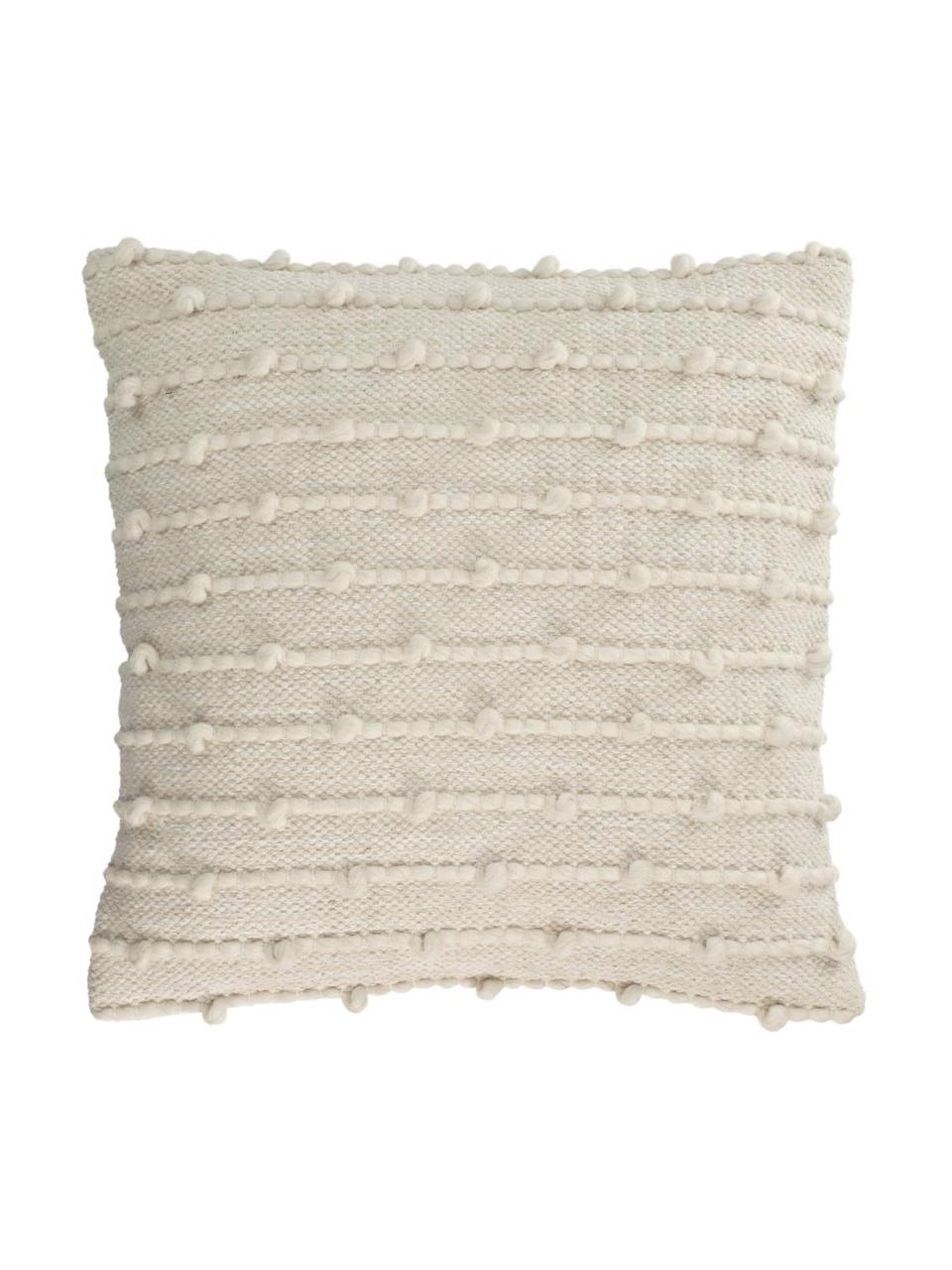 Housse de coussin bohème 45x45 en lin et coton beige Akane, 70 % coton, 30 % lin, Beige, larg. 45 x long. 45 cm