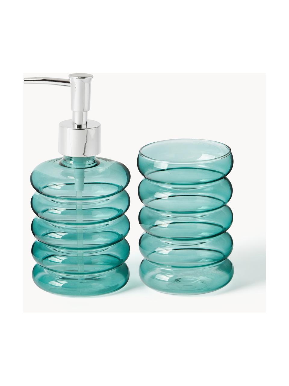 Mondgeblazen badkameraccessoires Bubbly, set van 2, Pompje: kunststof, Turquoise, transparant, Set met verschillende formaten