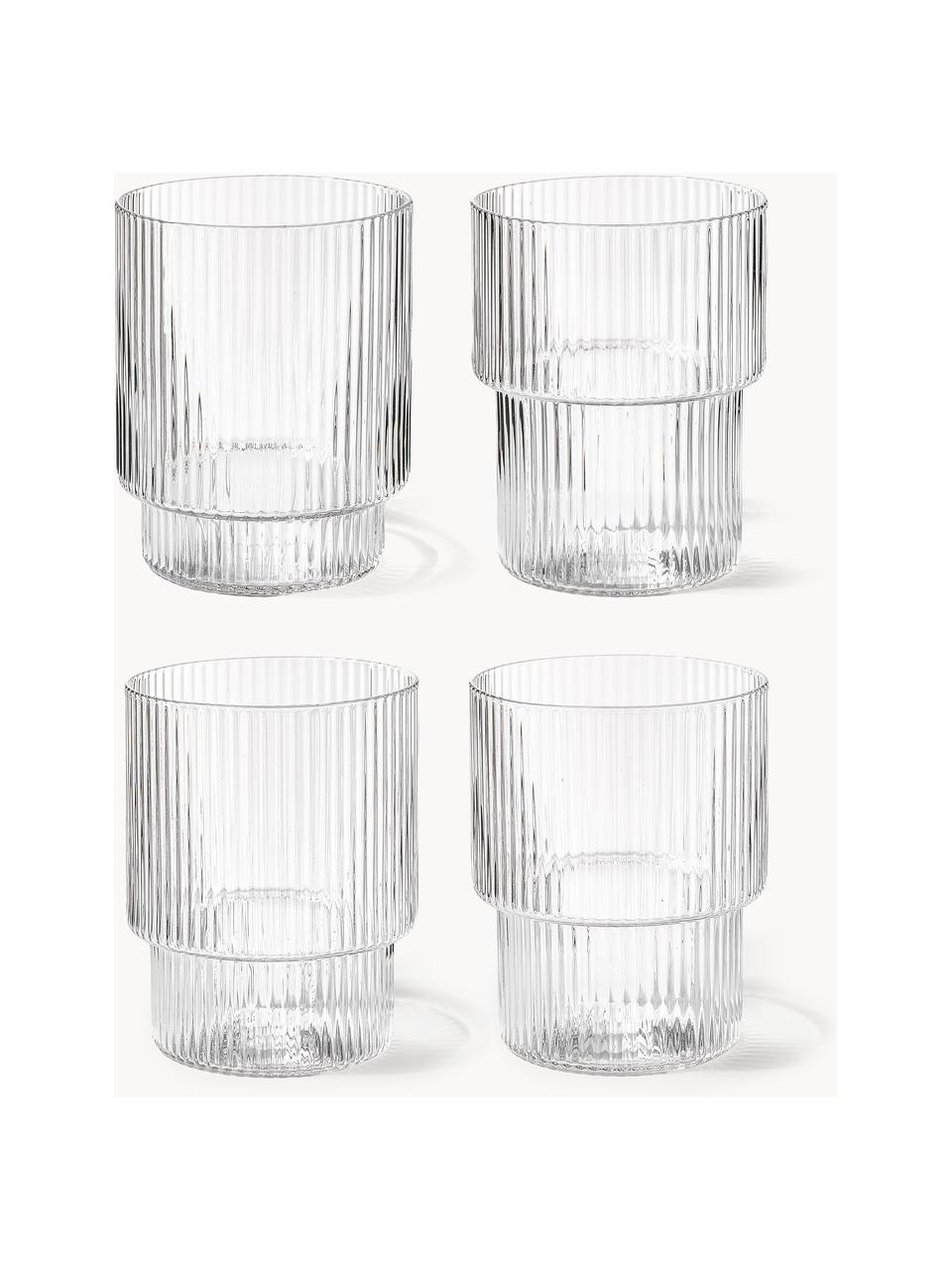 Mundgeblasene Wassergläser Ripple mit Rillenrelief, 4er-Set, Glas, mundgeblasen, Transparent, glänzend, Ø 7 x H 9 cm, 200 ml