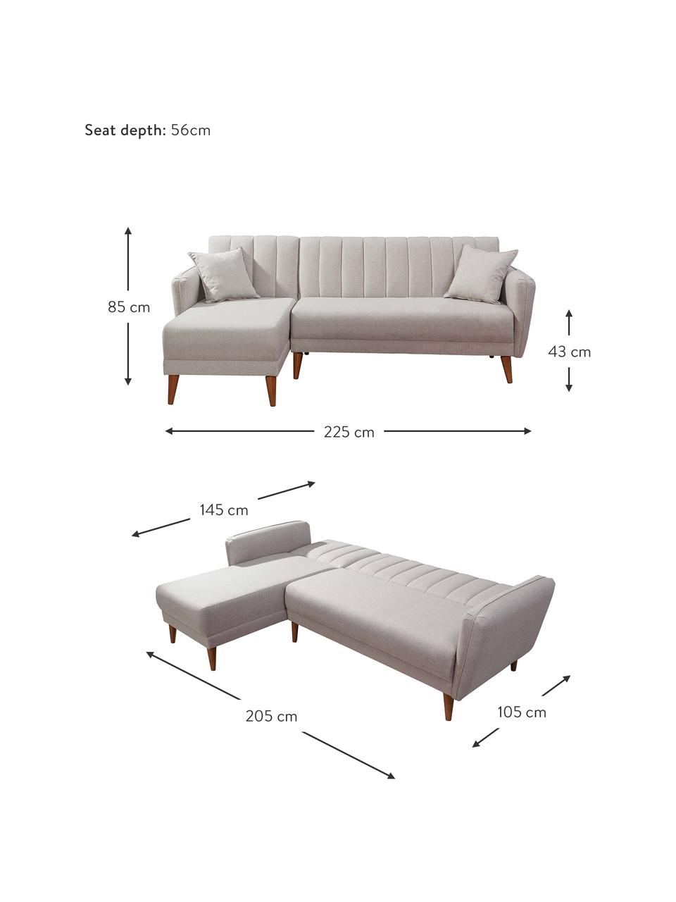 Leinen-Ecksofa Aqua (3-Sitzer) mit Schlaffunktion, Bezug: Leinen, Gestell: Hornbaumholz, Metall, Füße: Holz, Beige, B 225 x T 145 cm