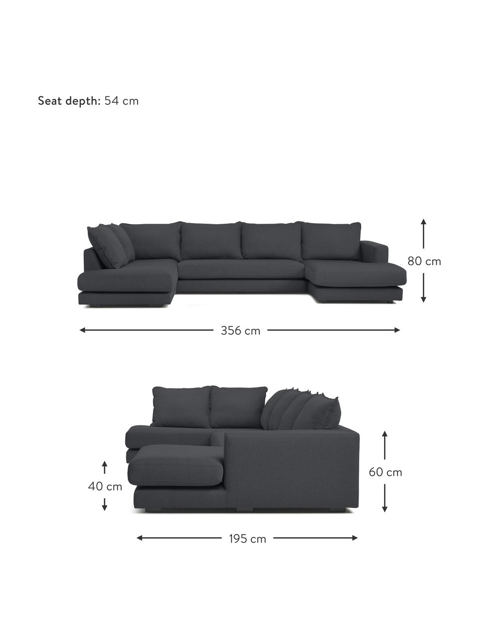 Divano da soggiorno Tribeca, Rivestimento: 100% poliestere Il rivest, Struttura: legno di pino massiccio, Piedini: legno massiccio di faggio, Tessuto antracite, Larg. 356 x Prof. 195 cm, chaise-longue a sinistra