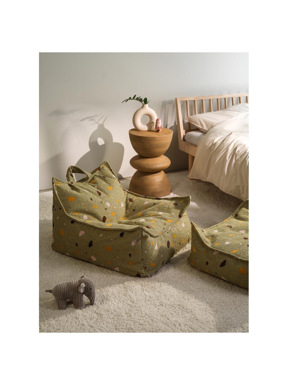 Fauteuil poire en bouclette pour enfants fait main Sugar, Bouclette vert olive, aspect terrazzo, larg. 70 x haut. 80 cm