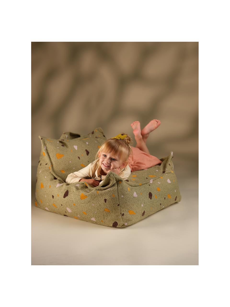 Fauteuil poire en bouclette pour enfants fait main Sugar, Bouclette vert olive, aspect terrazzo, larg. 70 x haut. 80 cm