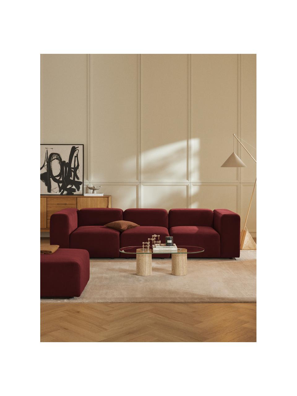 Divano componibile 4 posti in velluto Lena, Rivestimento: velluto (100% poliestere), Struttura: legno di pino, legno lami, Piedini: plastica, Velluto rosso vino, Larg. 284 x Prof. 106 cm