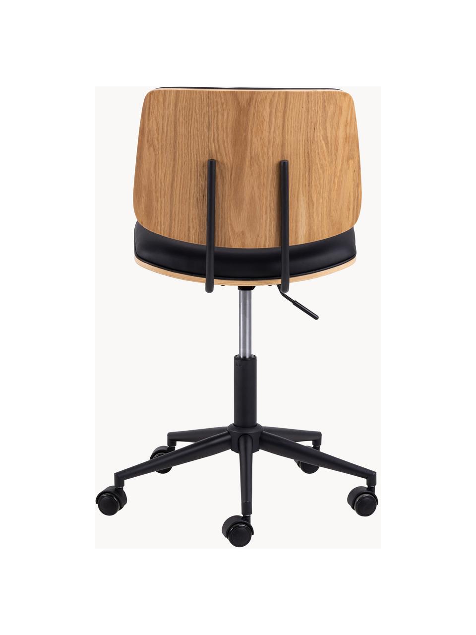 Silla de escritorio giratoria de piel sintética Owen, regulable en altura, Tapizado: cuero sintético, Asiento: chapa de roble, Cuero sintético negro, madera de roble, An 54 x F 49 cm