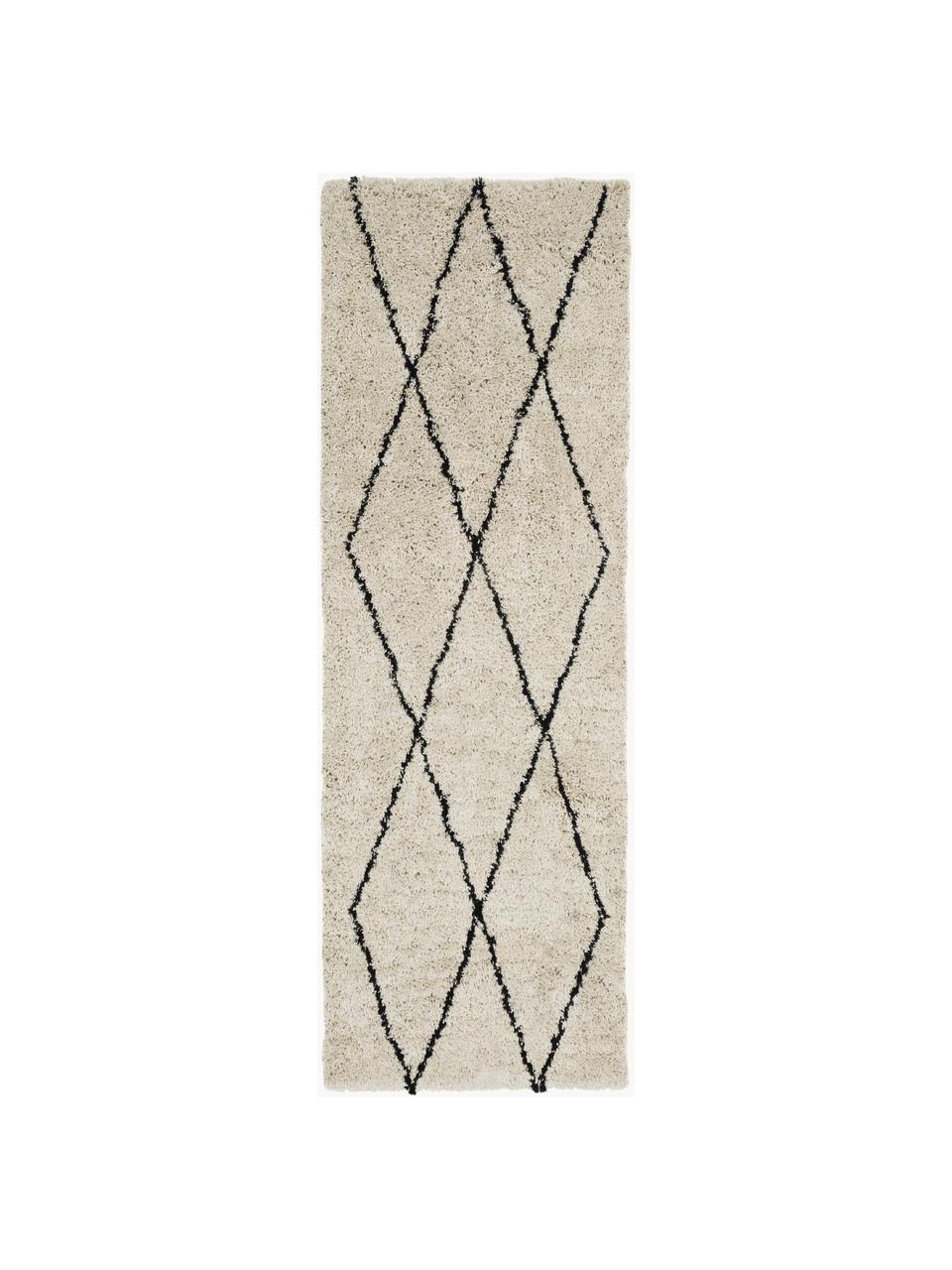 Pluizige hoogpolige loper Nouria, Bovenzijde: 100% polyester, Onderzijde: 100% katoen, Beige, zwart, B 80 x L 250 cm