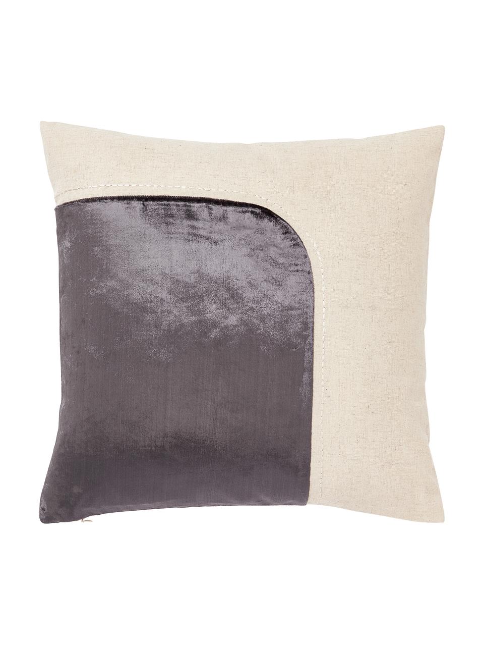 Federa arredo ricamata con decoro in velluto Farah, Retro: misto cotone (70% cotone,, Grigio scuro, beige, Larg. 45 x Lung. 45 cm