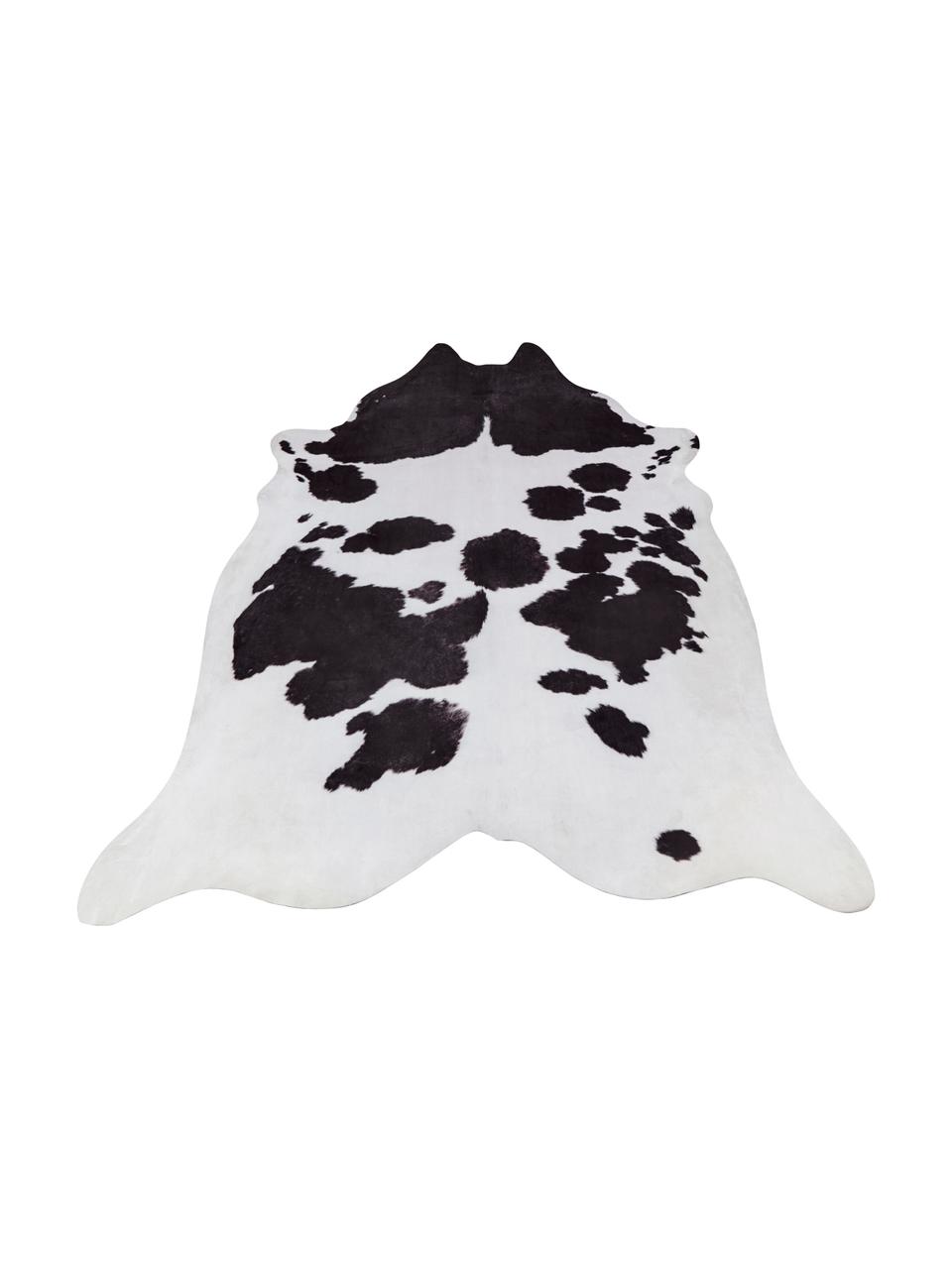 Koeienhuid vloerkleed Wilbur van imitatieleer, Crèmekleurig, zwart, 155 x 190 cm