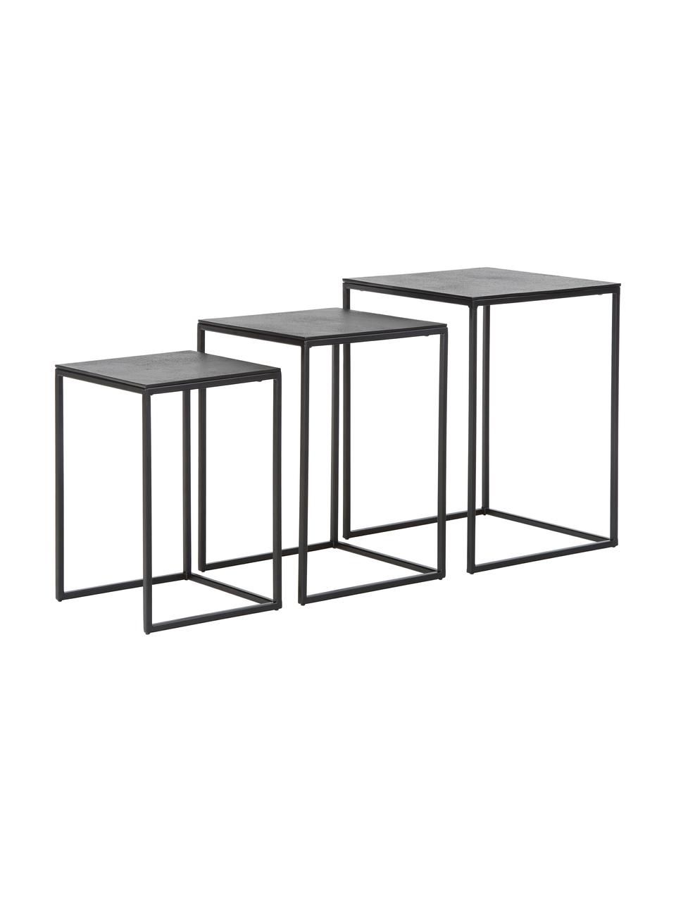 Set de mesas auxiliares de metal Dwayne, 3 uds., Tablero: aluminio recubierto, Estructura: metal pintado, Negro con efecto envejecido, Set de diferentes tamaños