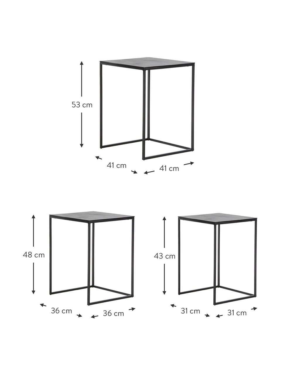 Set de mesas auxiliares de metal Dwayne, 3 uds., Tablero: aluminio recubierto, Estructura: metal pintado, Negro con efecto envejecido, Set de diferentes tamaños
