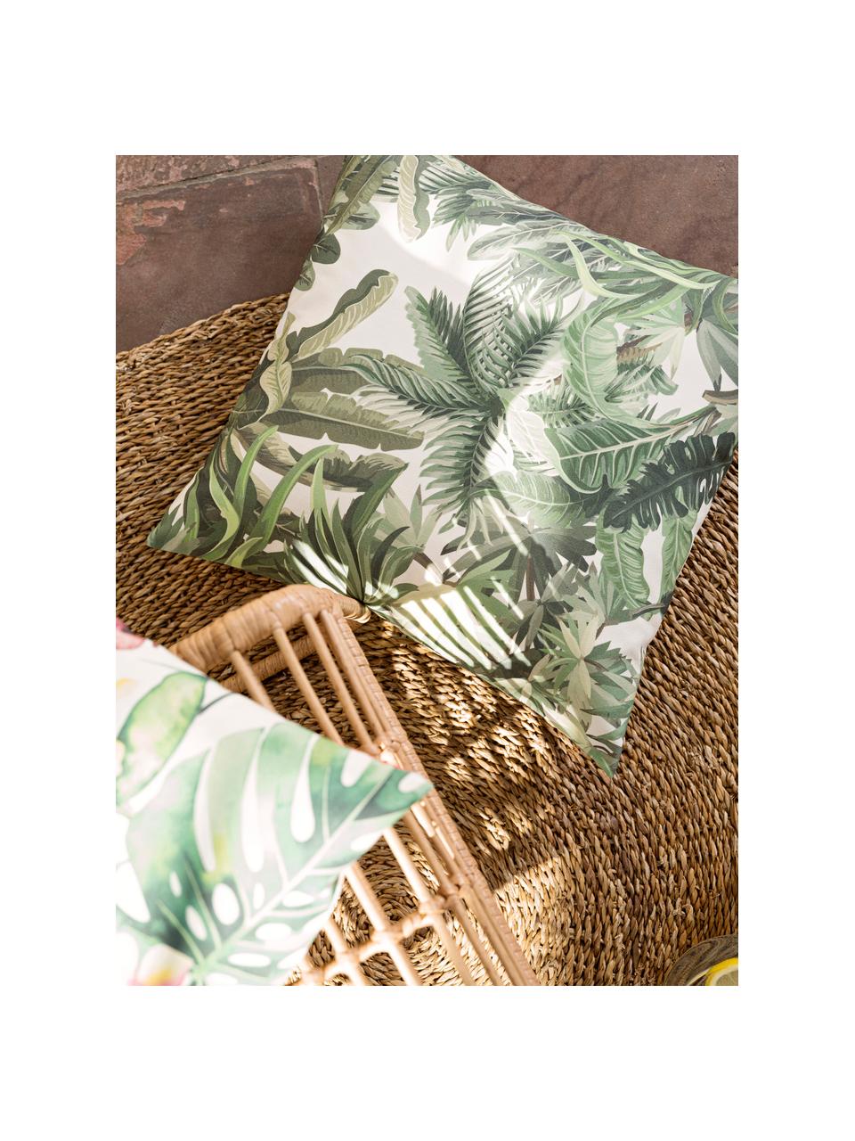 Outdoor kussenhoes Manus met palmboommotief, 100% Dralon® polyacryl, Groentinten, crèmewit, B 50 x L 50 cm