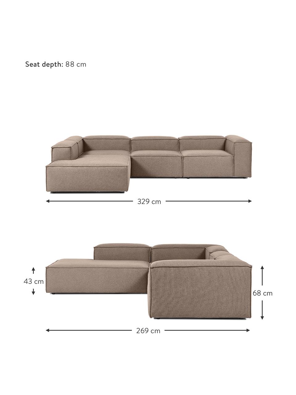 Canapé d'angle XL modulable brun Lennon, Tissu brun, larg. 329 x prof. 68 cm, méridienne à gauche