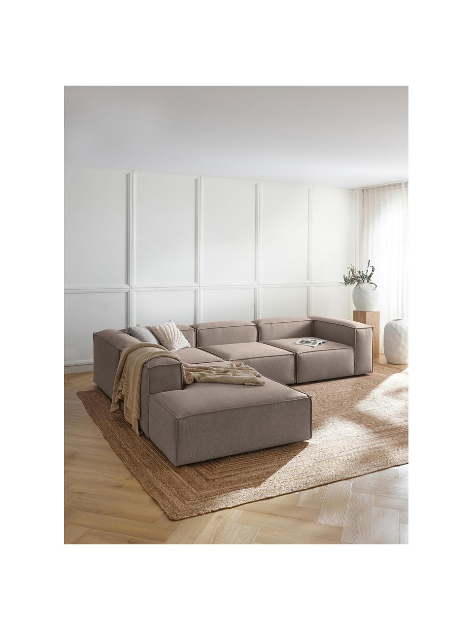 Canapé d'angle XL modulable Lennon, Tissu taupe, larg. 329 x prof. 269 cm, méridienne à gauche