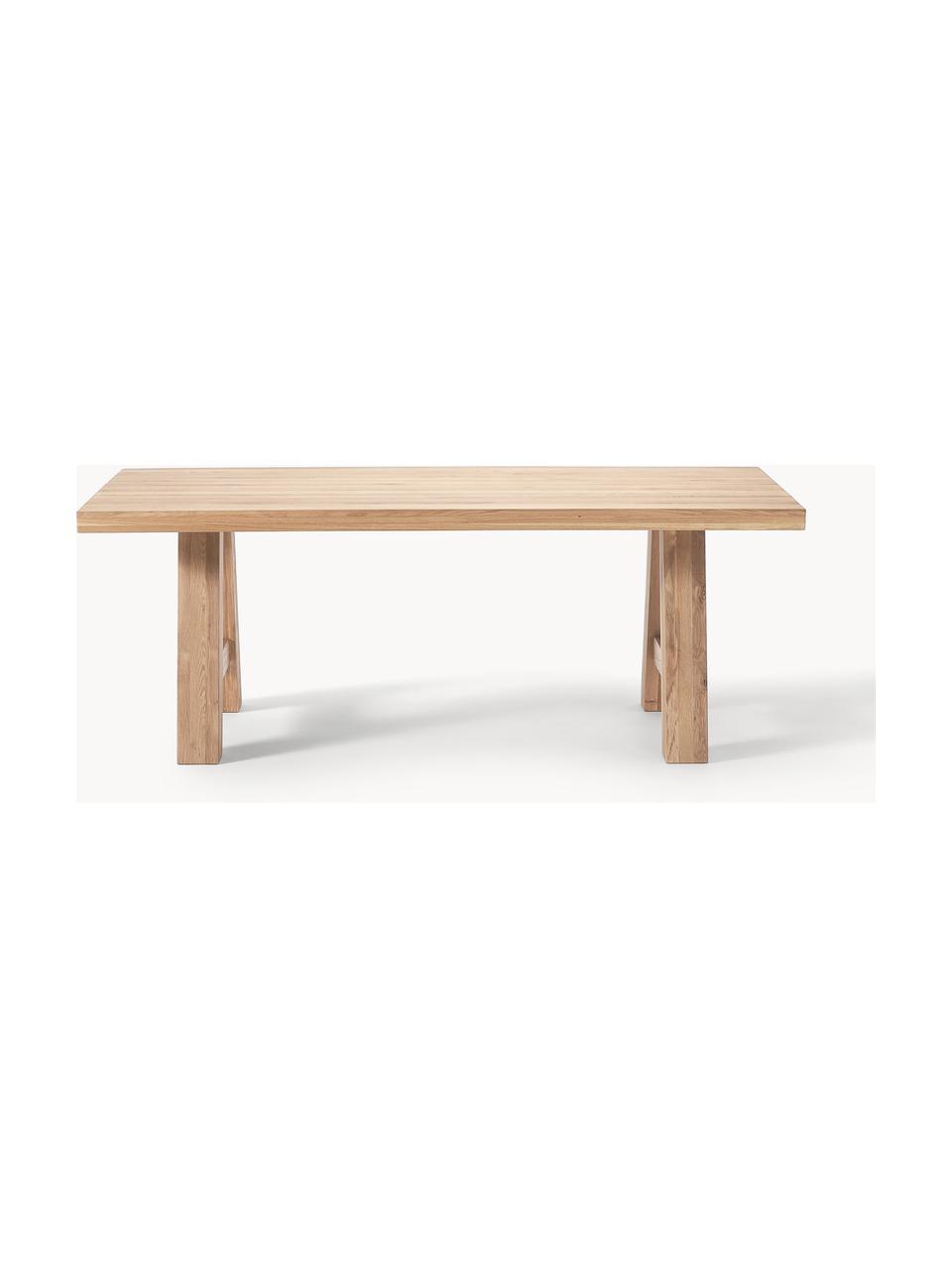 Mesa de comedor de madera de roble Ashton, tamaños diferentes, Madera maciza de roble ligeramente barnizada. 
100% madera procedente de silvicultura sostenible 

Este producto está hecho de madera de origen sostenible y con certificación FSC®., Madera de roble clara barnizada, An 220 x F 100 cm