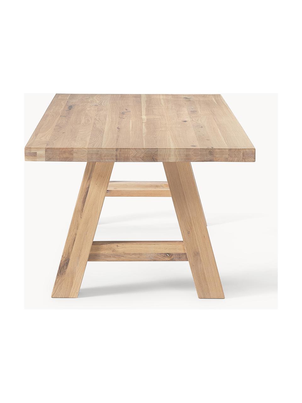 Mesa de comedor de madera de roble Ashton, tamaños diferentes, Madera maciza de roble ligeramente barnizada. 
100% madera procedente de silvicultura sostenible 

Este producto está hecho de madera de origen sostenible y con certificación FSC®., Madera de roble clara barnizada, An 240 x F 100 cm