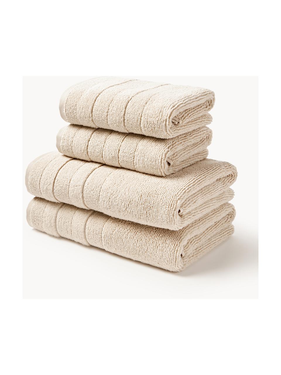 Lot de serviettes de bain avec bordure décorative Luxe, set de tailles variées, Beige clair, 3 éléments (1 serviette invité, 1 serviette de toilette et 1 drap de bain)