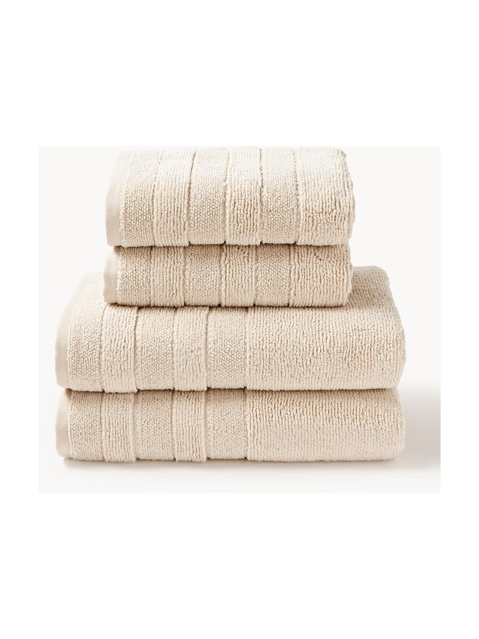 Lot de serviettes de bain avec bordure décorative Luxe, set de tailles variées, Beige clair, 3 éléments (1 serviette invité, 1 serviette de toilette et 1 drap de bain)