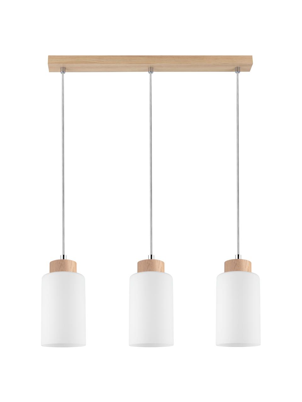 Lámpara de techo de vidrio y madera Bosco, estilo escandinavo, Pantalla: vidrio, Anclaje: madera de roble aceitado, Cable: plástico, Blanco, beige, An 52 x Al 110 cm