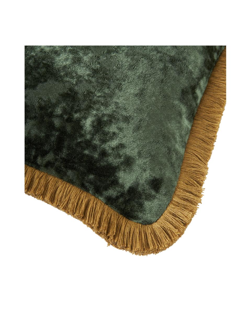 Federa arredo in velluto verde scuro con frange Cyrus, Velluto (100% poliestere)
Oeko-Tex Standard 100, Classe 1, Verde, giallo ocra, Larg. 40 x Lung. 40 cm