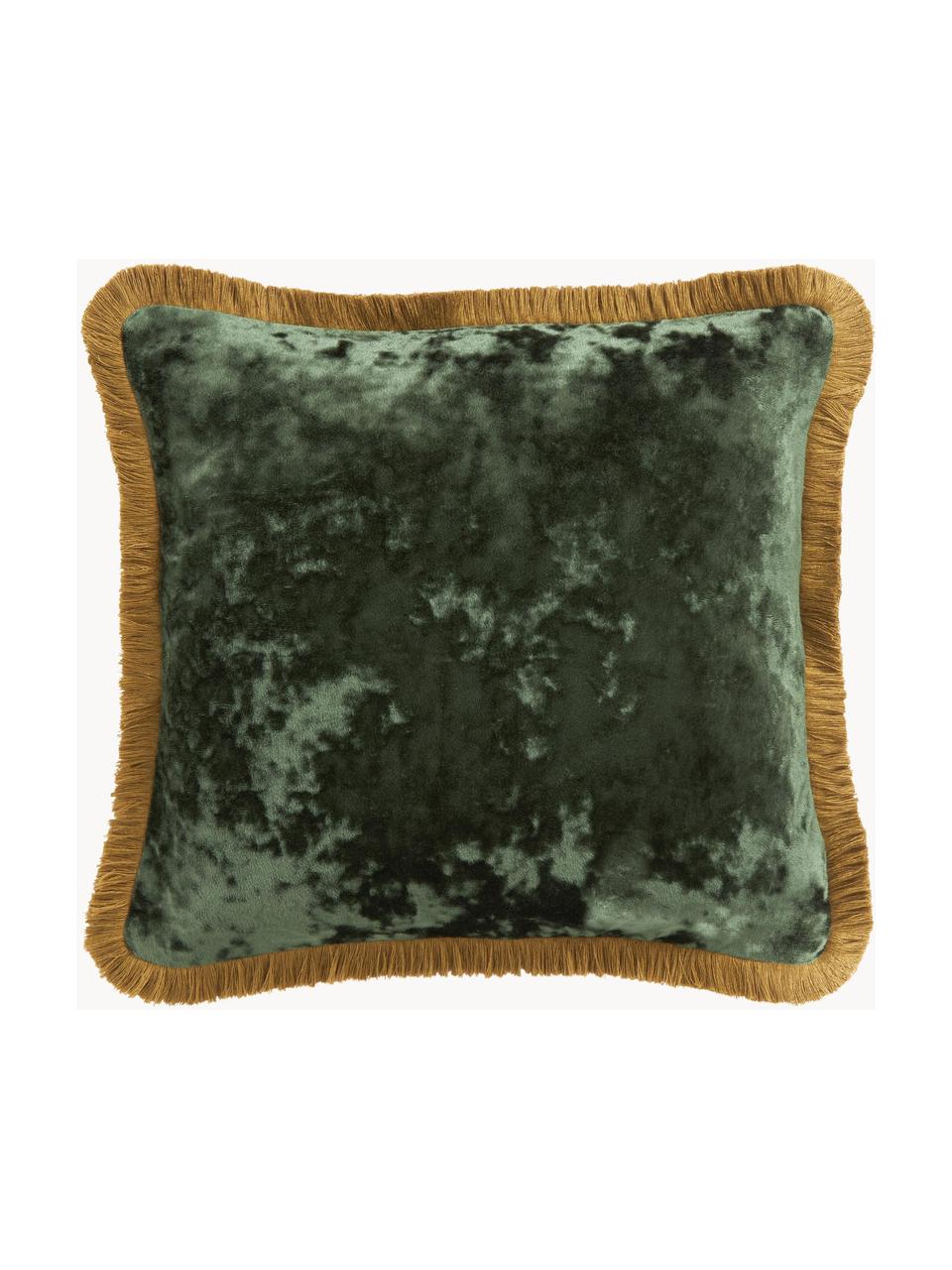 Federa arredo in velluto verde scuro con frange Cyrus, Velluto (100% poliestere)
Oeko-Tex Standard 100, Classe 1, Verde, giallo ocra, Larg. 40 x Lung. 40 cm