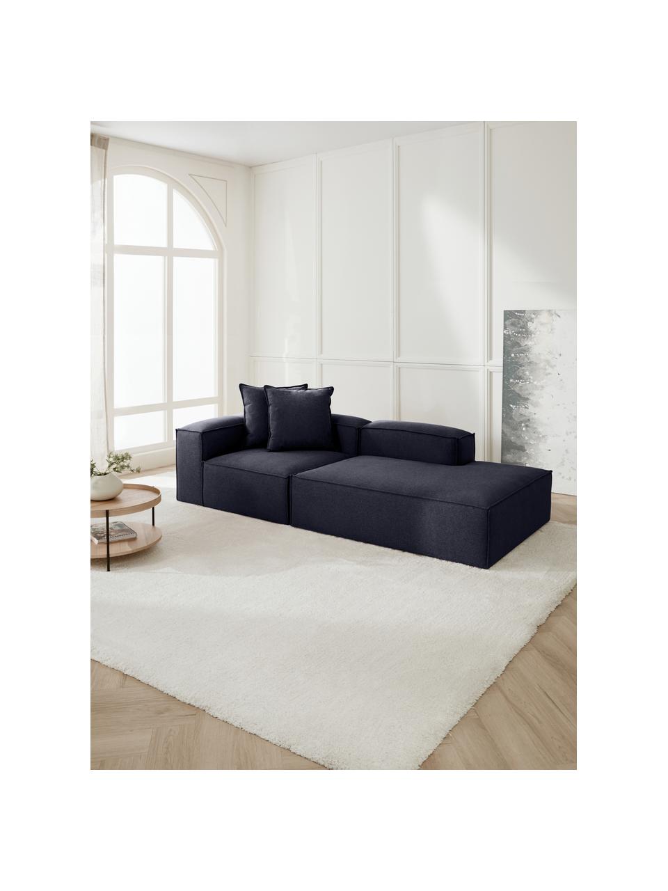 Modulaire chaise longue Lennon, Bekleding: 100% polyester De slijtva, Frame: massief grenenhout, multi, Poten: kunststof Dit product is , Geweven stof donkerblauw, B 269 x D 119 cm, armleuning rechts