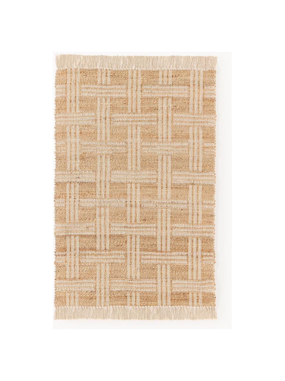 Handgewebter Teppich Almir mit Fransen, 70 % Jute, 30 % Baumwolle, Hellbraun, Cremeweiss, B 120 x L 180 cm (Grösse S)