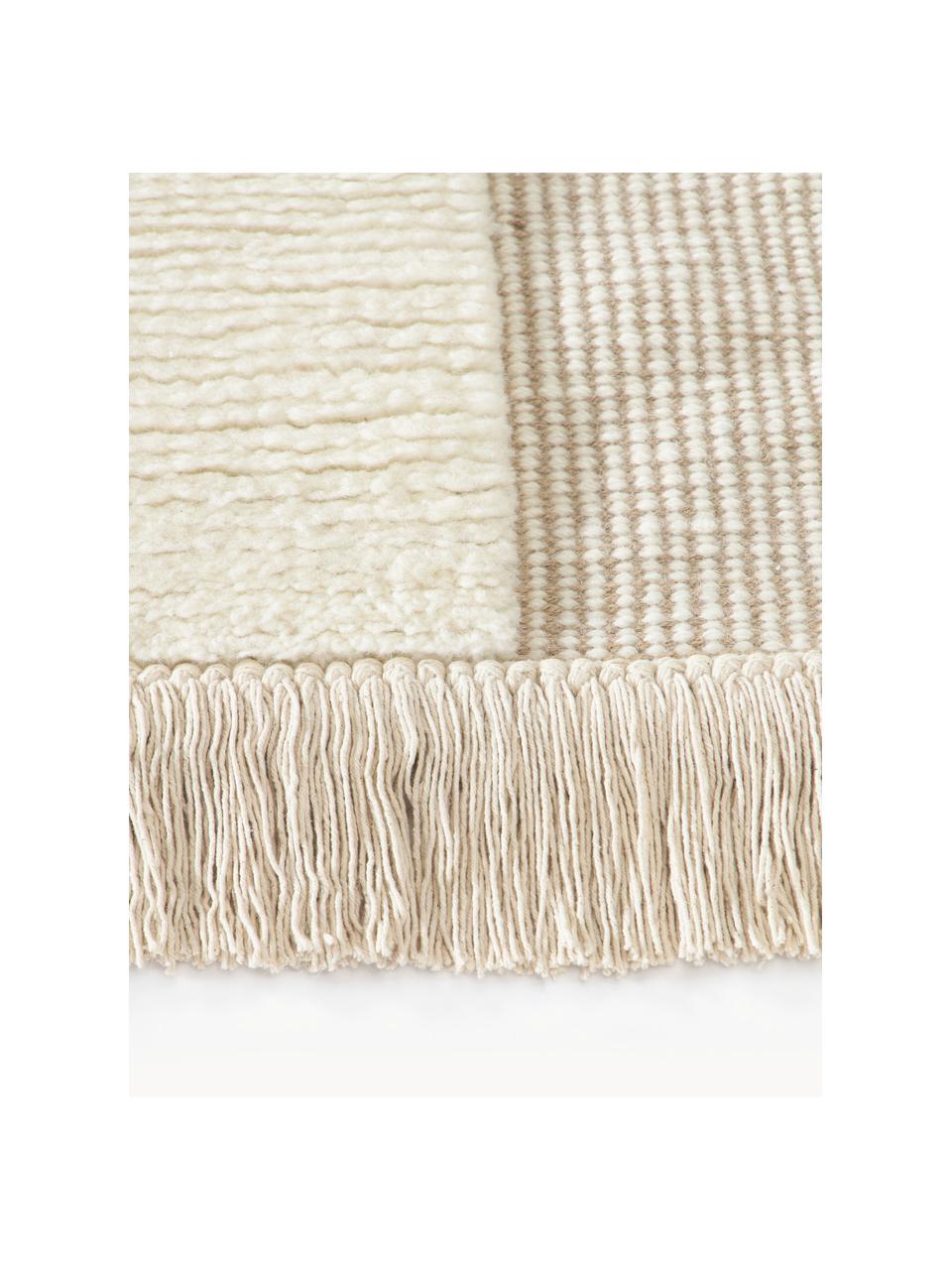 Handgewebter Teppich Laine mit Hoch-Tief-Muster und Fransen, 57 % Wolle (RWS-zertifiziert), 35 % Jute, 8 % Baumwolle, Beige, Cremeweiss, B 160 x L 230 cm (Grösse M)